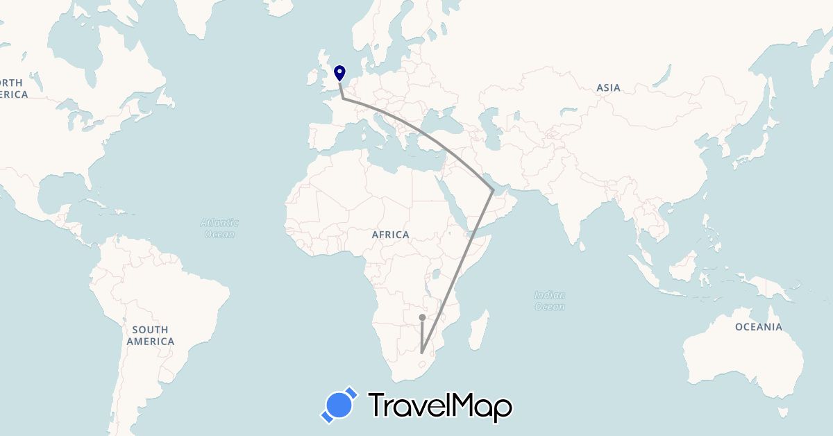 TravelMap itinerary: driving, plane in France, United Kingdom, Qatar, South Africa, Zambia (Africa, Asia, Europe)